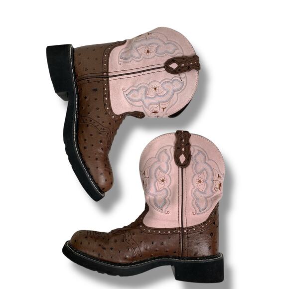 Justin Gypsy Cowboy Boots Leather Style L9935 Ostrich Print Pink Brown Size 7B - Picture 2 of 8